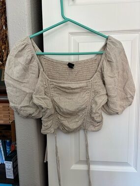 wild fable Cream Puff-Sleeve Ruched Crop Top